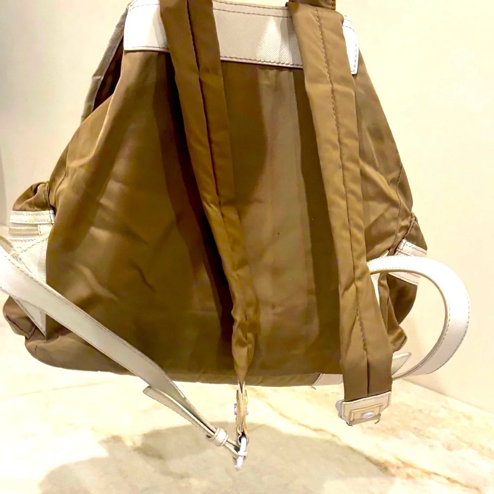 Tory Burch Designer Brown Backpack with White Trim & Signature Logo Detailing